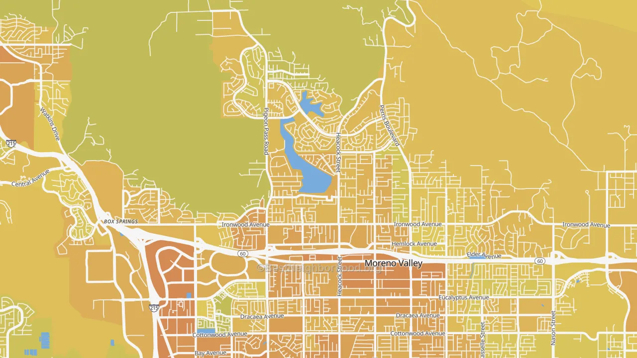 Map of the best neighborhoods in the 92557 area, with better matches in green and worse matches in red