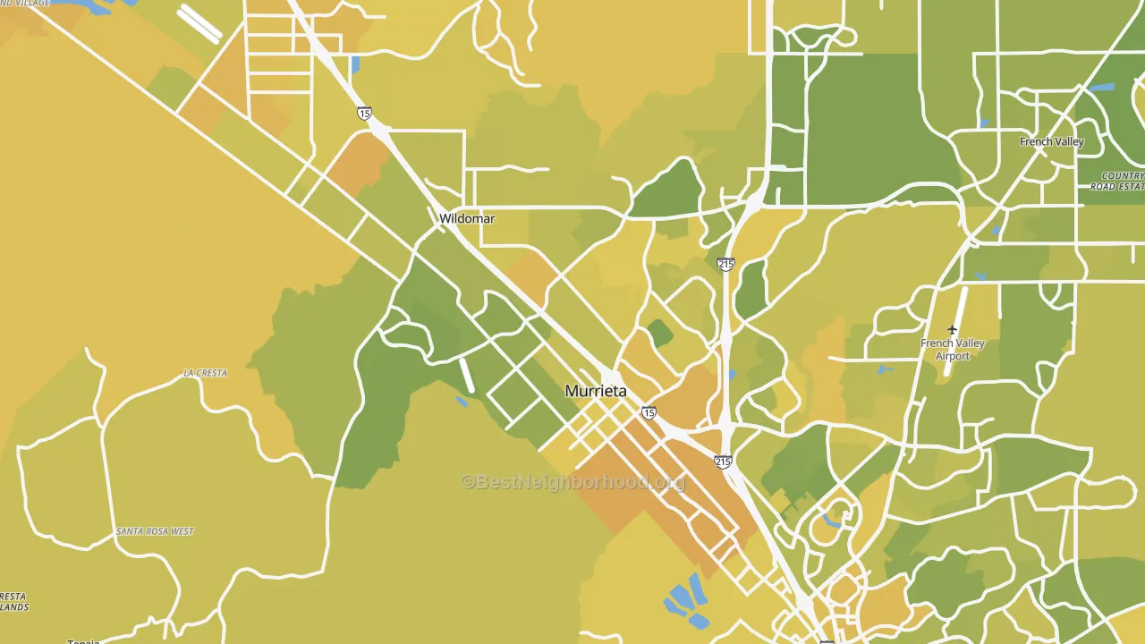 Map of the best neighborhoods in the 92562 area, with better matches in green and worse matches in red