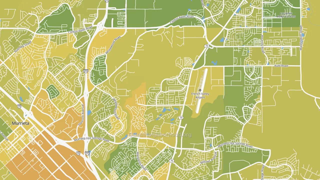 Map of the best neighborhoods in the 92563 area, with better matches in green and worse matches in red