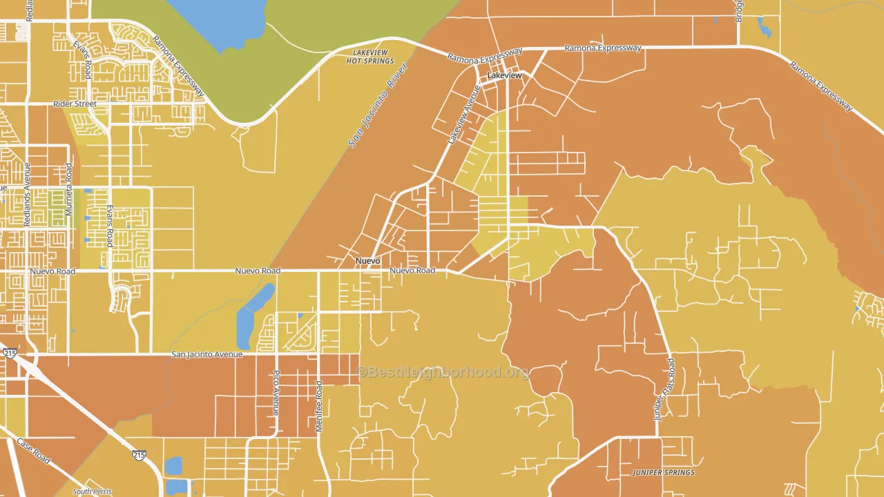 Map of the best neighborhoods in the 92567 area, with better matches in green and worse matches in red