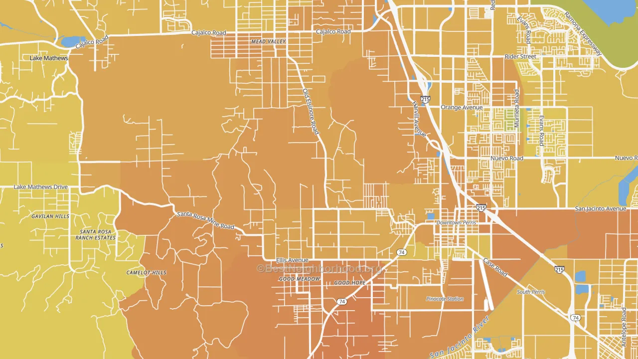 Map of the best neighborhoods in the 92570 area, with better matches in green and worse matches in red