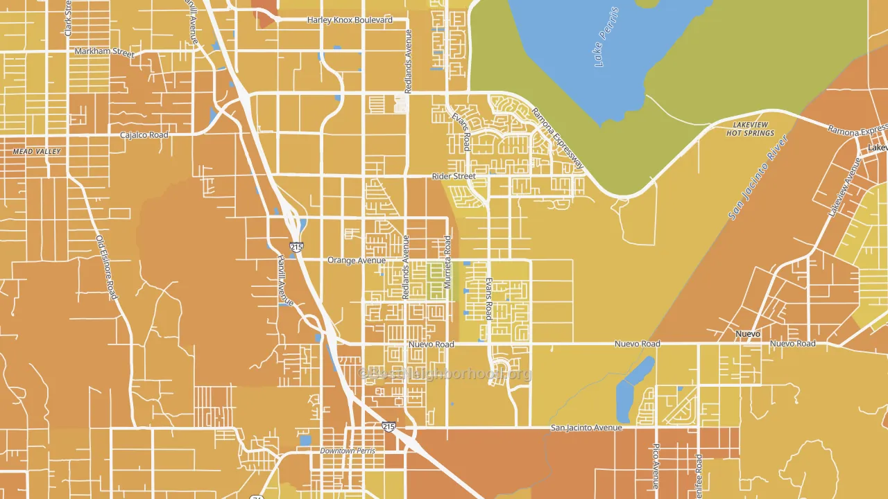 Map of the best neighborhoods in the 92571 area, with better matches in green and worse matches in red