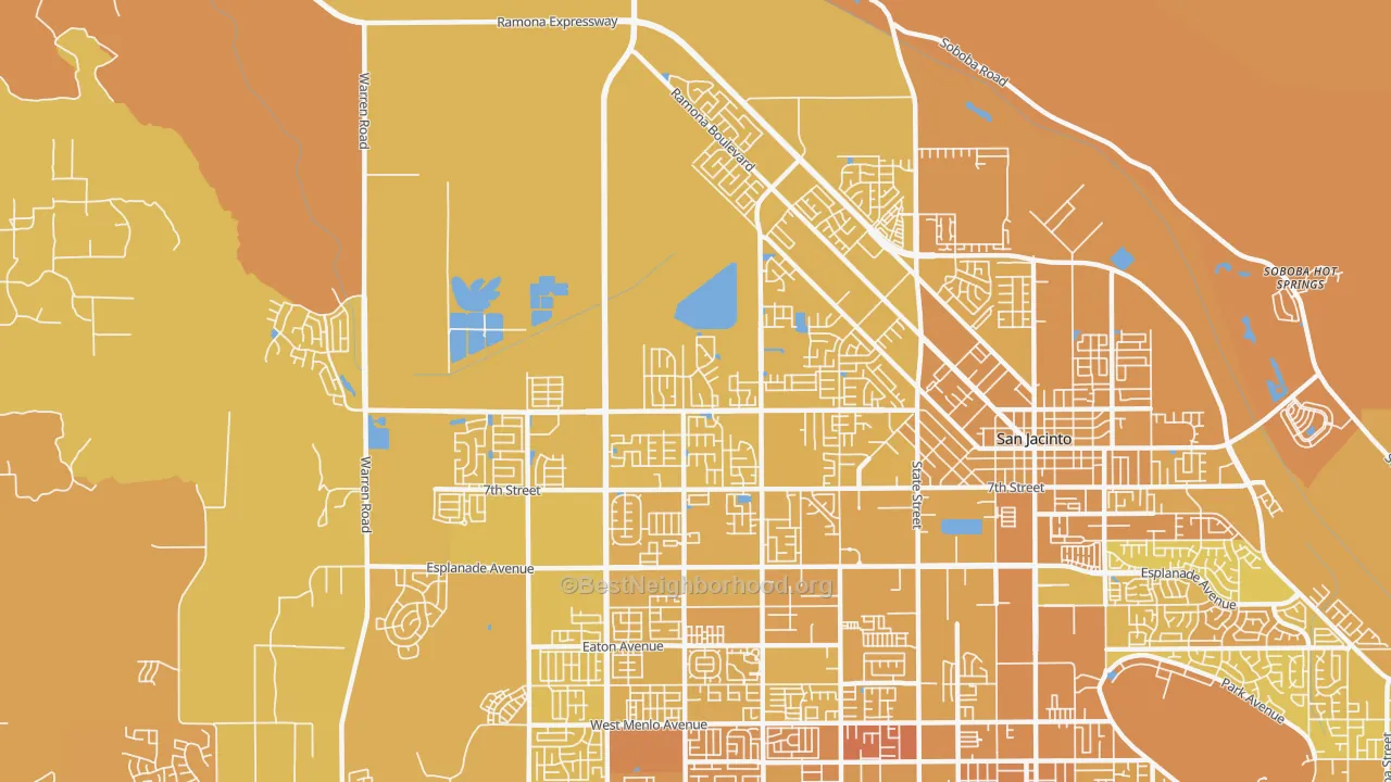 Map of the best neighborhoods in the 92582 area, with better matches in green and worse matches in red