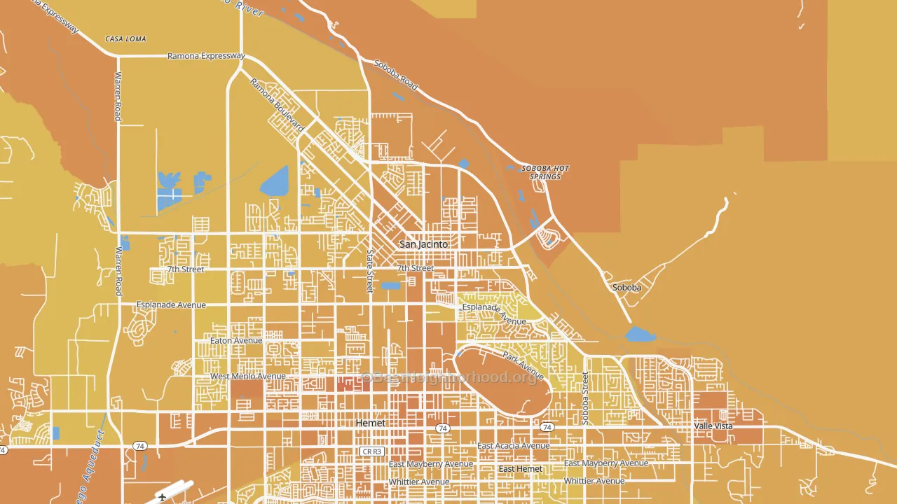 Map of the best neighborhoods in the 92583 area, with better matches in green and worse matches in red
