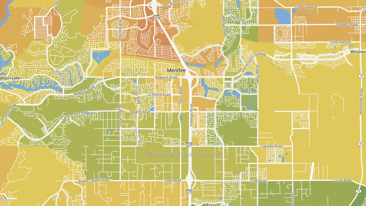 Map of the best neighborhoods in the 92584 area, with better matches in green and worse matches in red