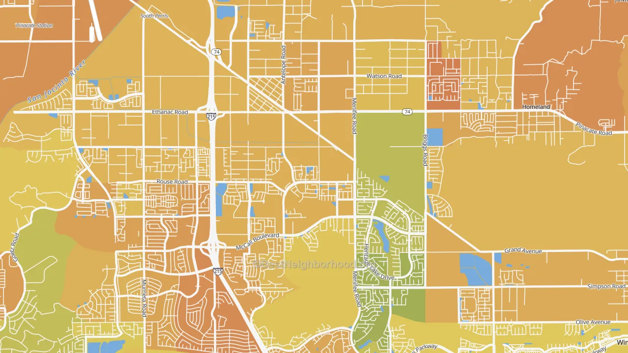 Map of the best neighborhoods in the 92585 area, with better matches in green and worse matches in red