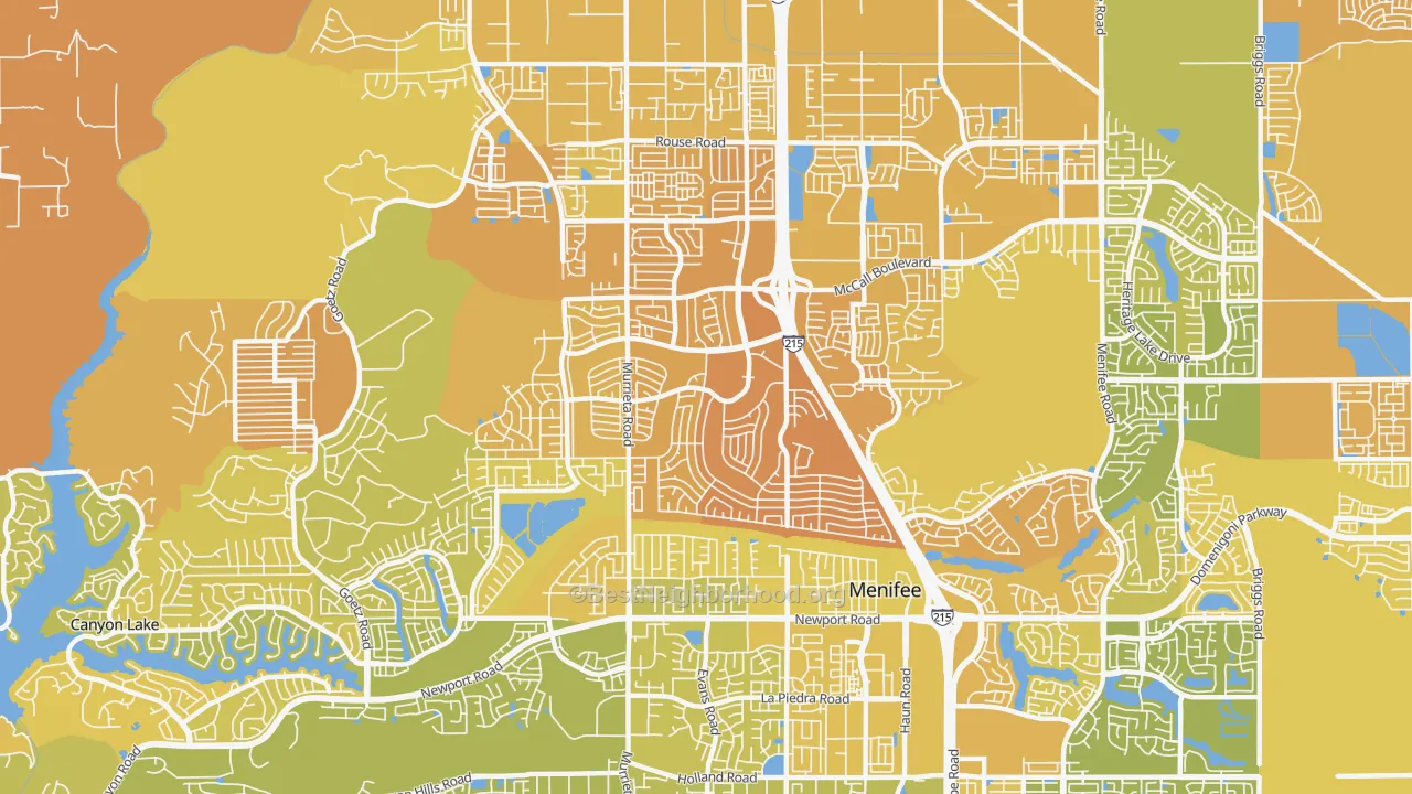 Map of the best neighborhoods in the 92586 area, with better matches in green and worse matches in red
