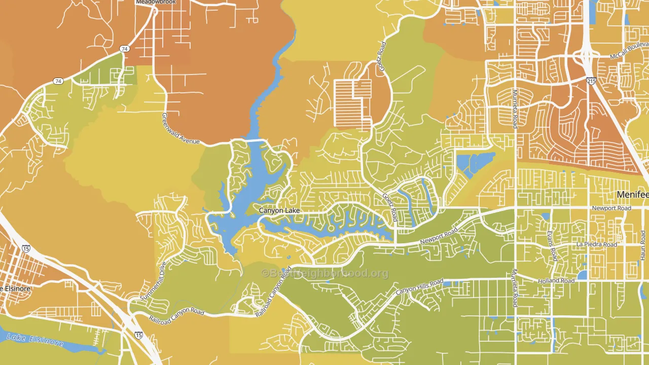 Map of the best neighborhoods in the 92587 area, with better matches in green and worse matches in red