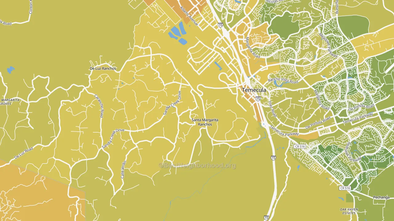 Map of the best neighborhoods in the 92590 area, with better matches in green and worse matches in red