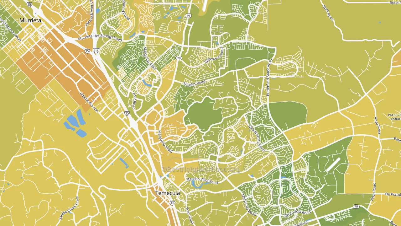 Map of the best neighborhoods in the 92591 area, with better matches in green and worse matches in red