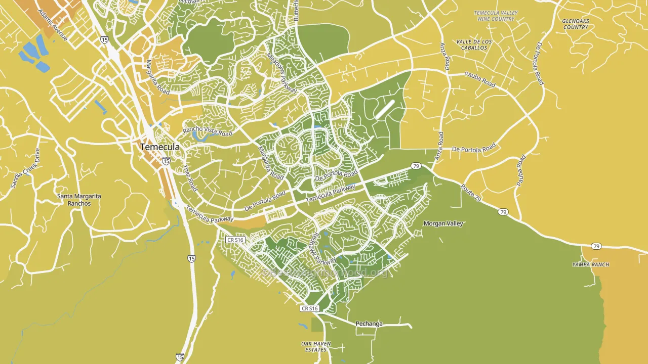 Map of the best neighborhoods in the 92592 area, with better matches in green and worse matches in red