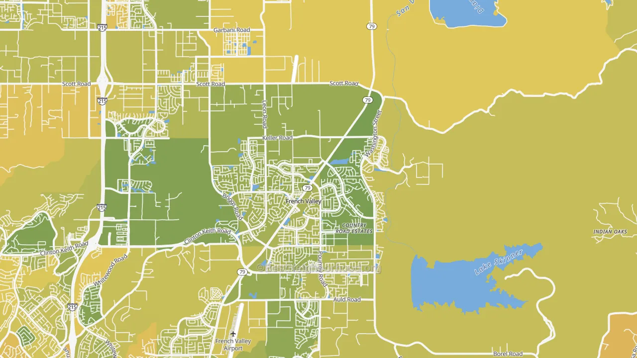 Map of the best neighborhoods in the 92596 area, with better matches in green and worse matches in red