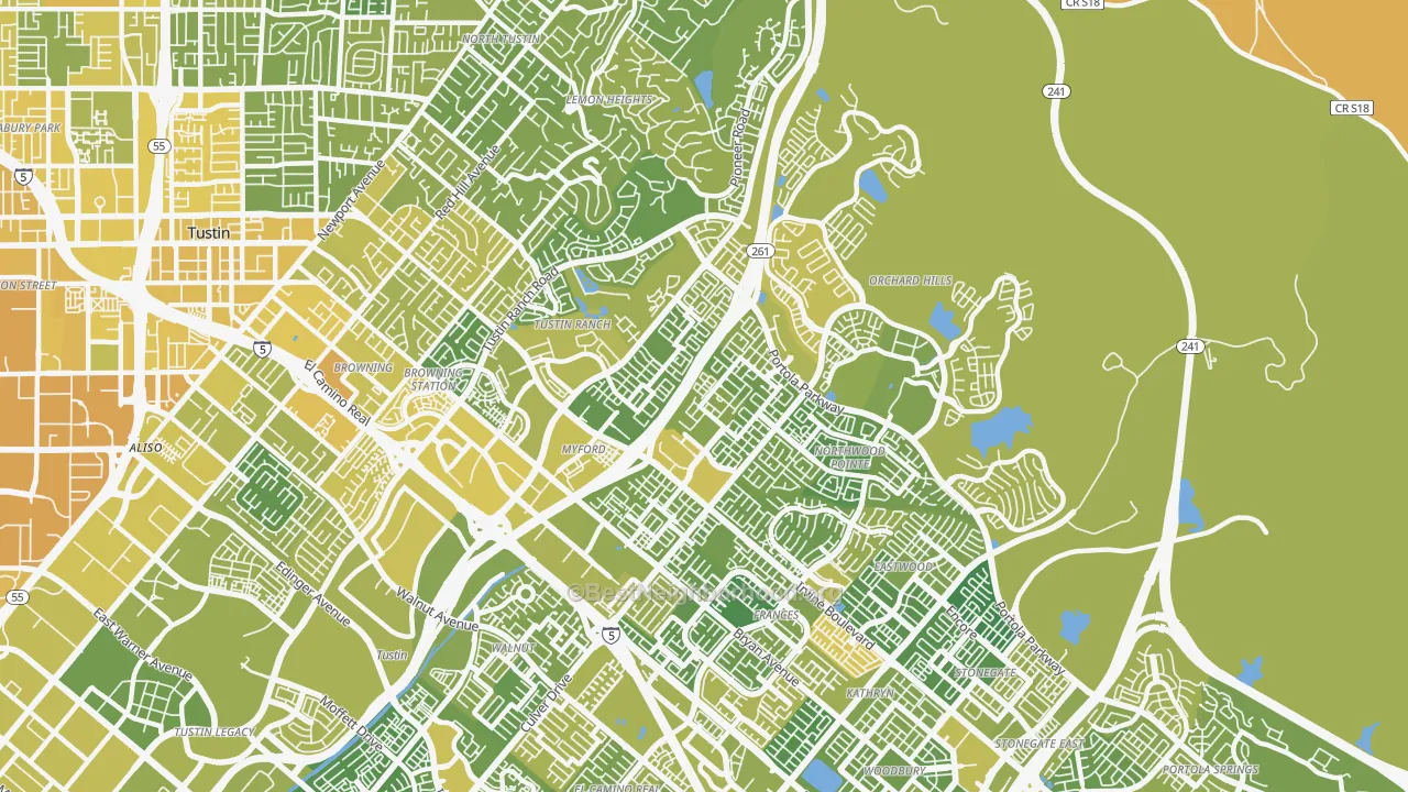 Map of the best neighborhoods in the 92602 area, with better matches in green and worse matches in red