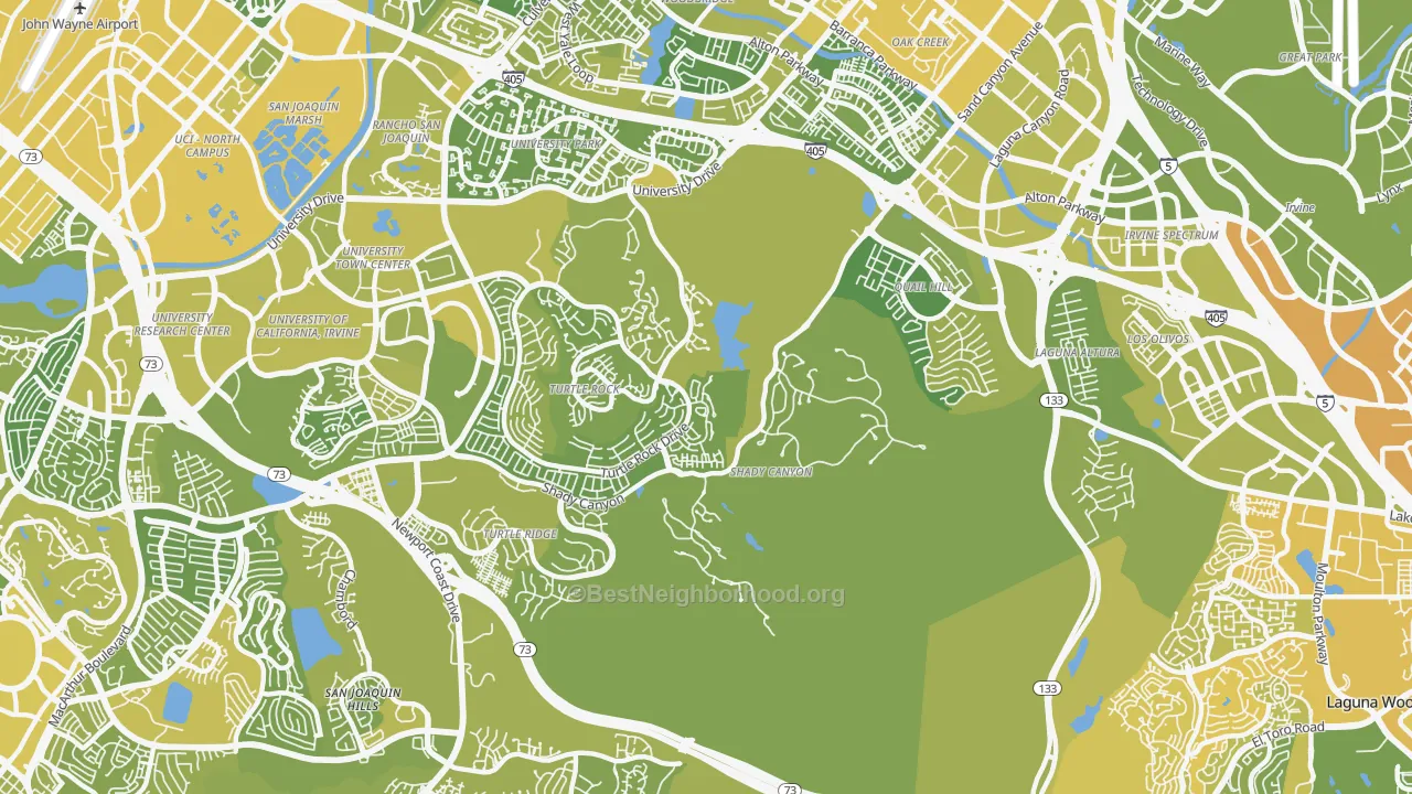 Map of the best neighborhoods in the 92603 area, with better matches in green and worse matches in red