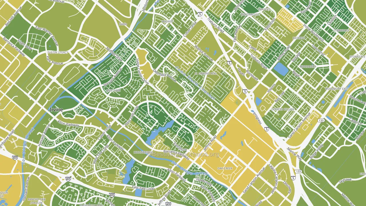 Map of the best neighborhoods in the 92604 area, with better matches in green and worse matches in red