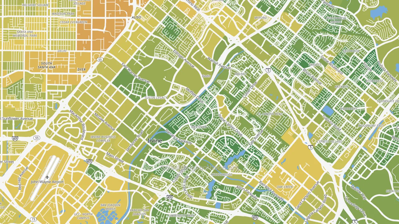 Map of the best neighborhoods in the 92606 area, with better matches in green and worse matches in red