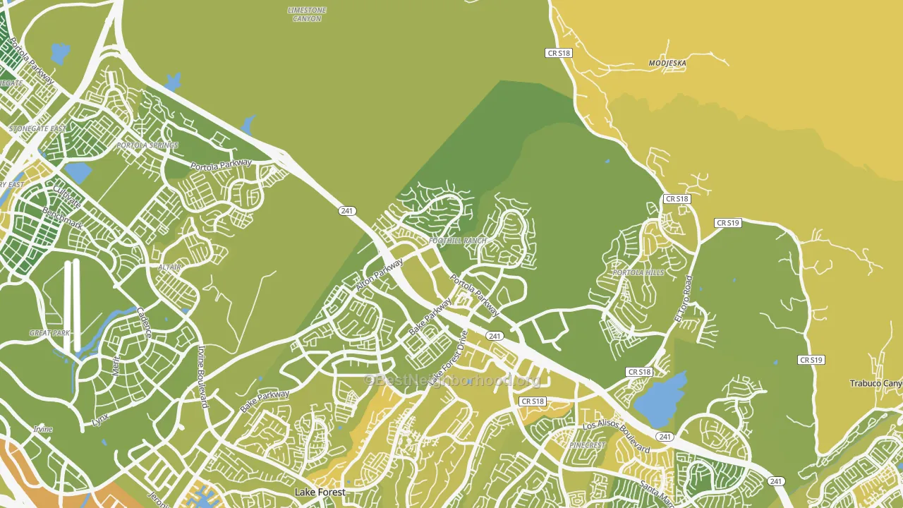 Map of the best neighborhoods in the 92610 area, with better matches in green and worse matches in red