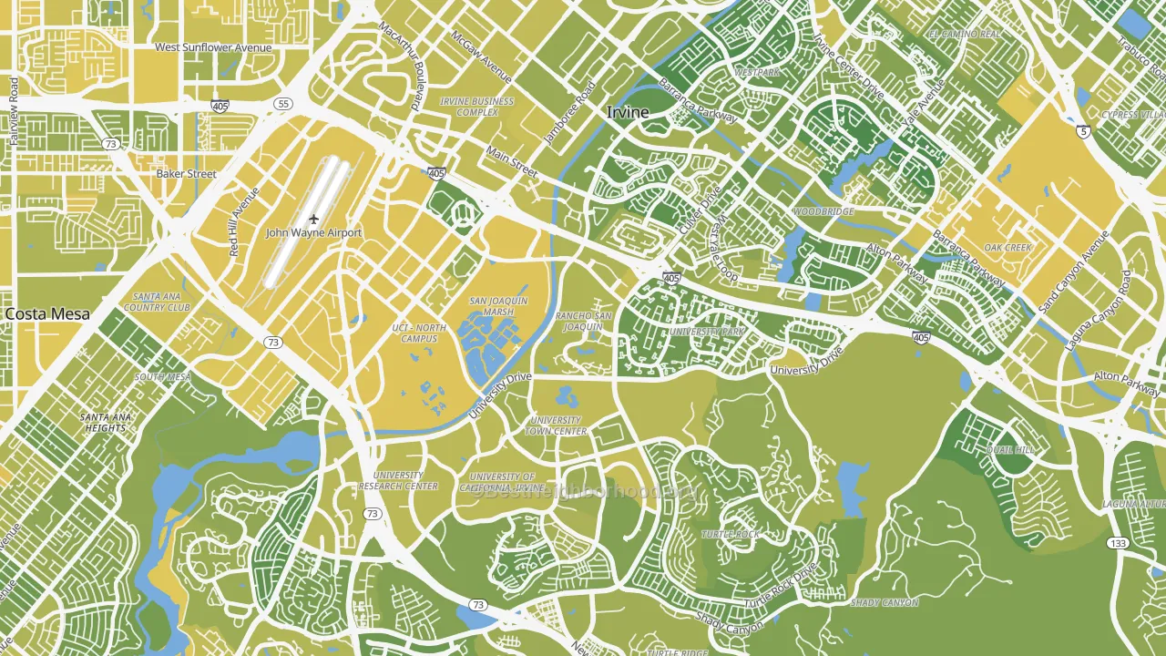 Map of the best neighborhoods in the 92612 area, with better matches in green and worse matches in red