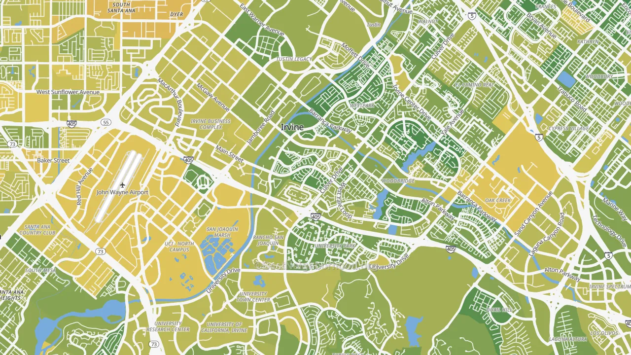 Map of the best neighborhoods in the 92614 area, with better matches in green and worse matches in red