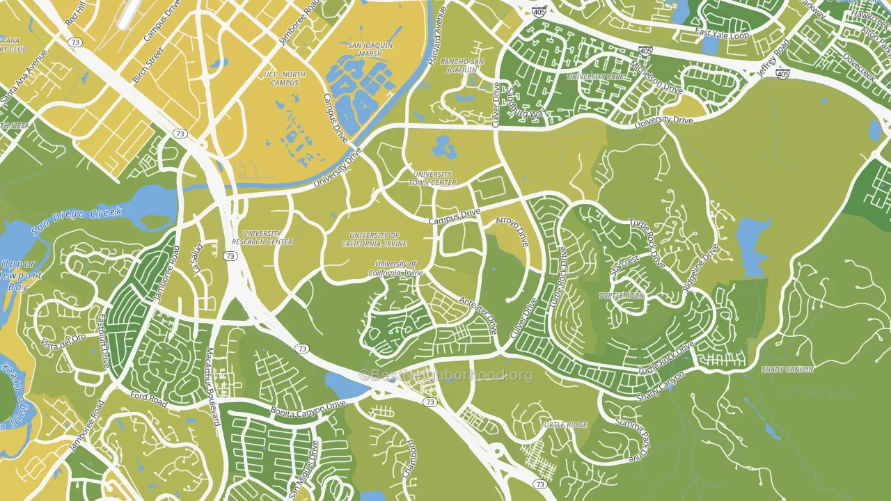 Map of the best neighborhoods in the 92617 area, with better matches in green and worse matches in red