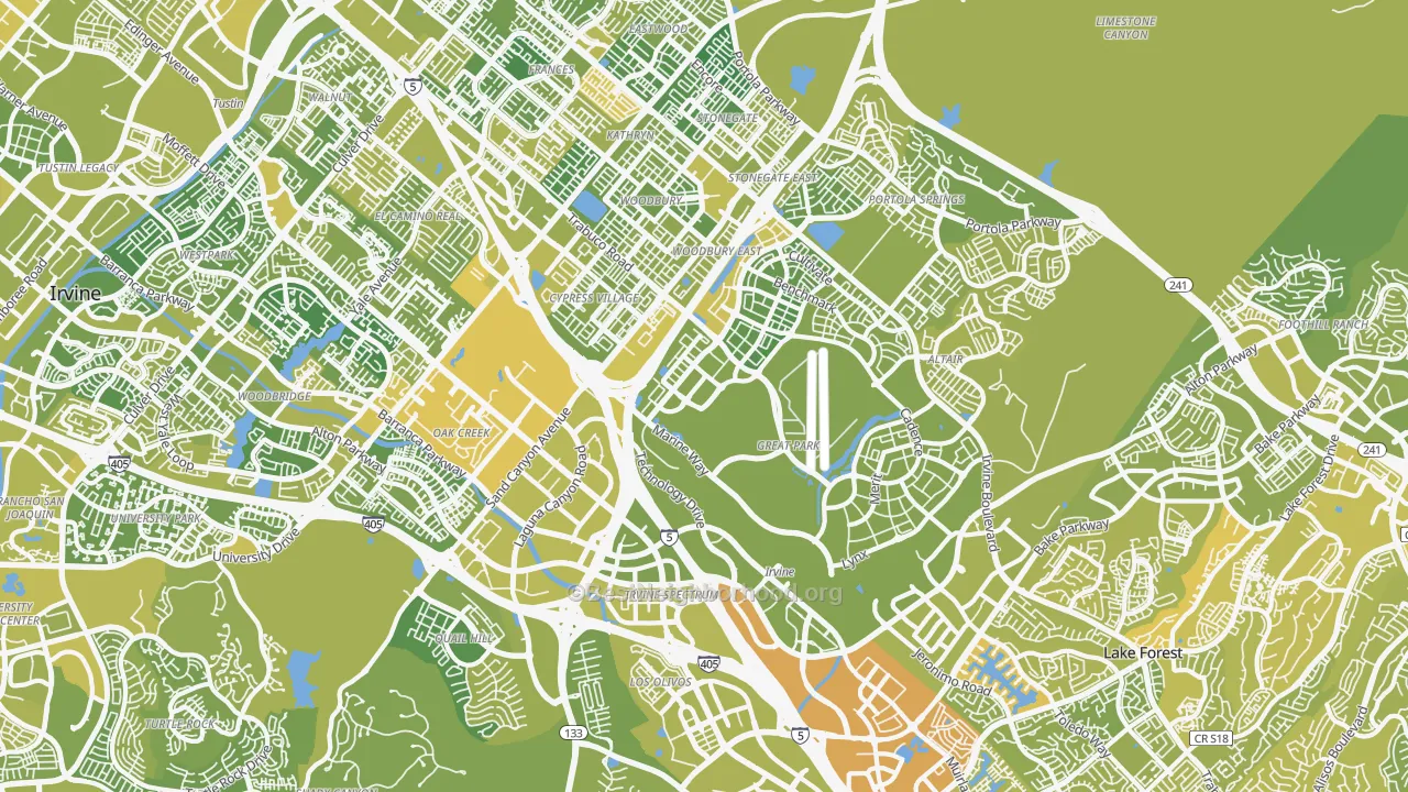 Map of the best neighborhoods in the 92618 area, with better matches in green and worse matches in red