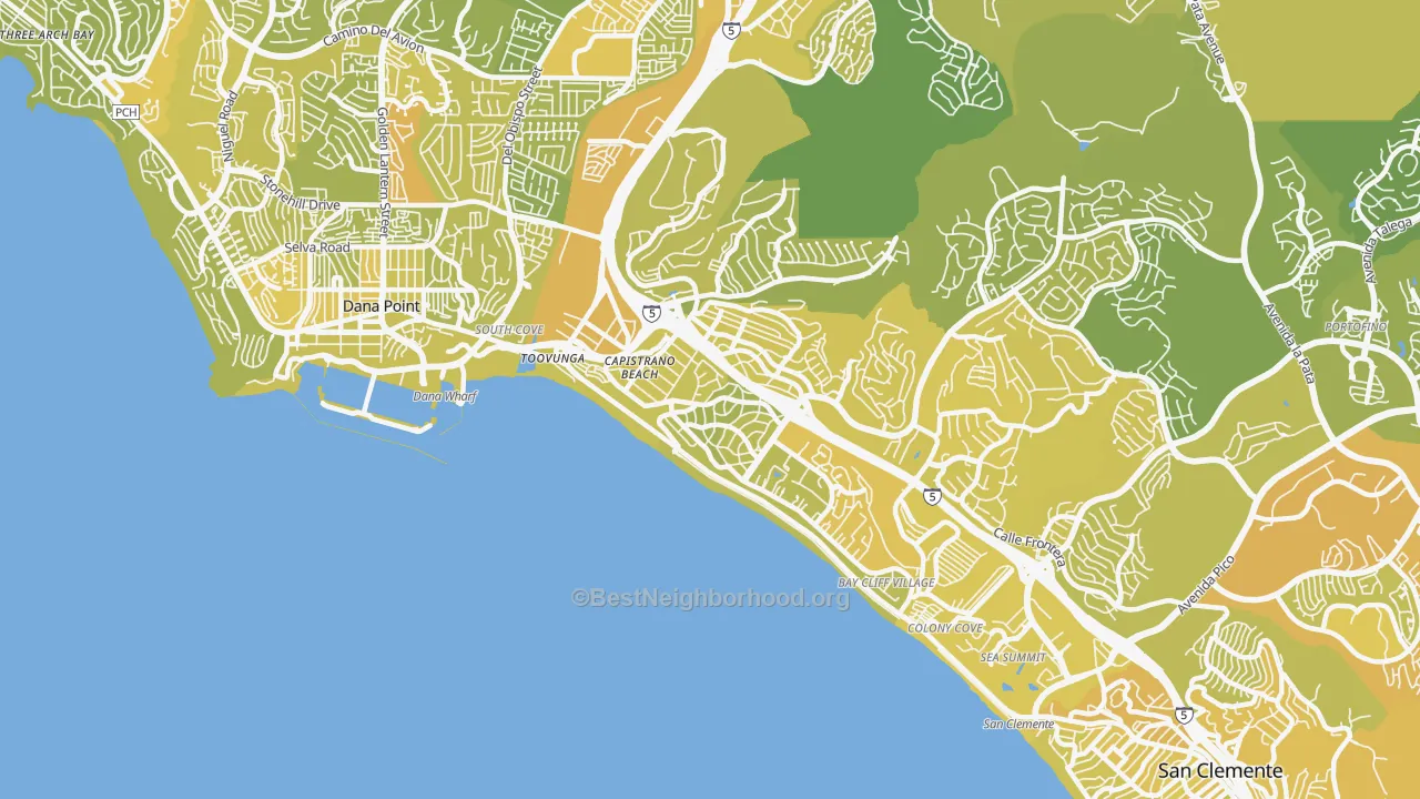 Map of the best neighborhoods in the 92624 area, with better matches in green and worse matches in red