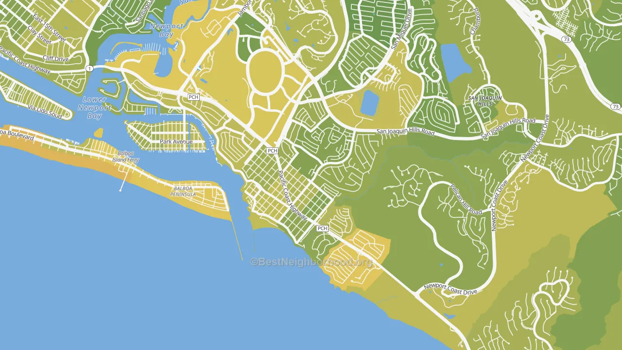 Map of the best neighborhoods in the 92625 area, with better matches in green and worse matches in red