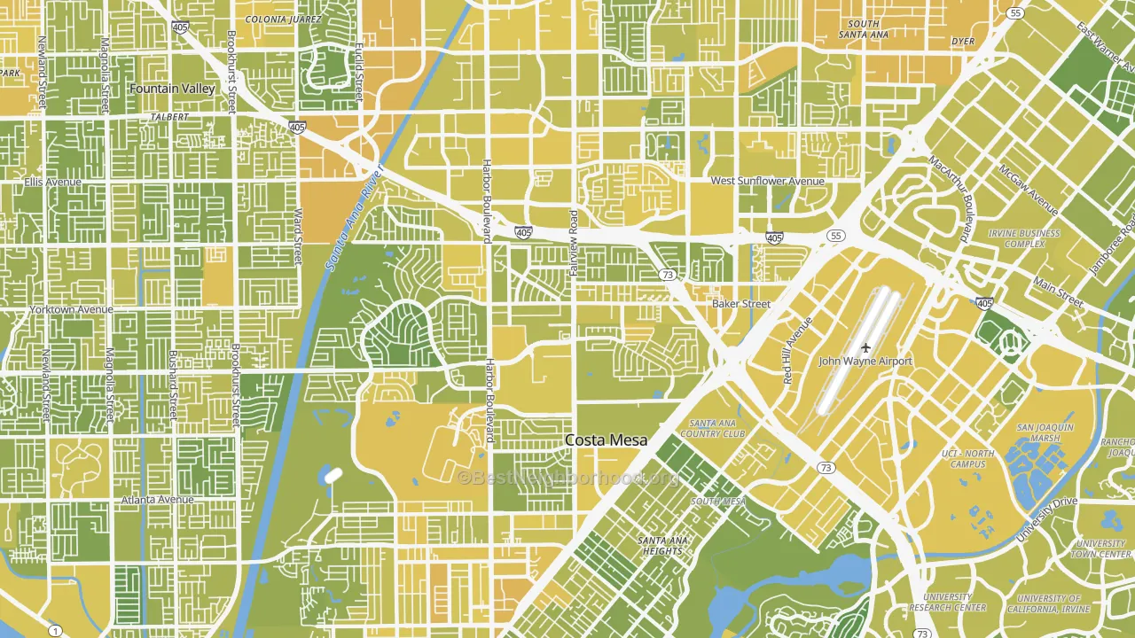Map of the best neighborhoods in the 92626 area, with better matches in green and worse matches in red