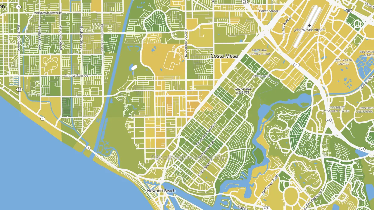 Map of the best neighborhoods in the 92627 area, with better matches in green and worse matches in red