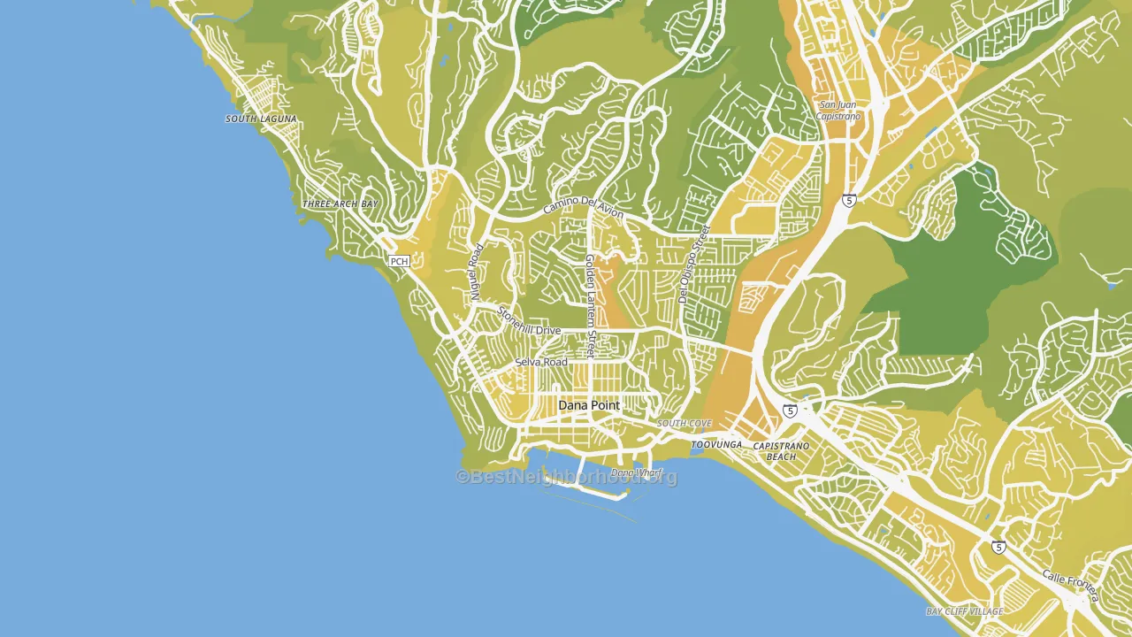 Map of the best neighborhoods in the 92629 area, with better matches in green and worse matches in red