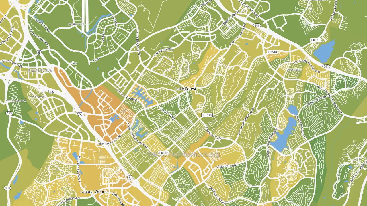 Map of the best neighborhoods in the 92630 area, with better matches in green and worse matches in red