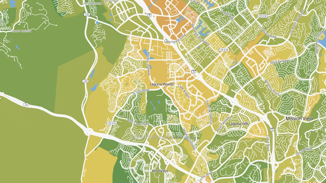 Map of the best neighborhoods in the 92637 area, with better matches in green and worse matches in red