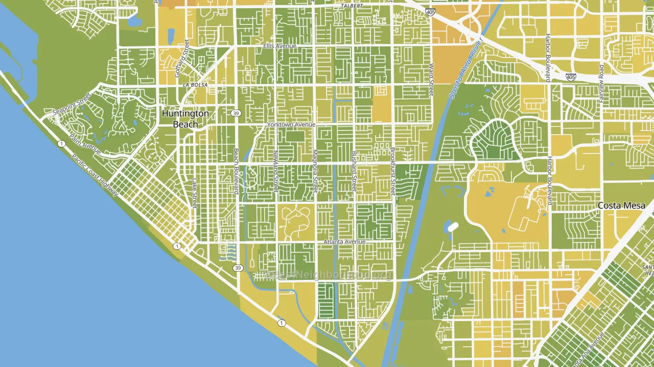 Map of the best neighborhoods in the 92646 area, with better matches in green and worse matches in red