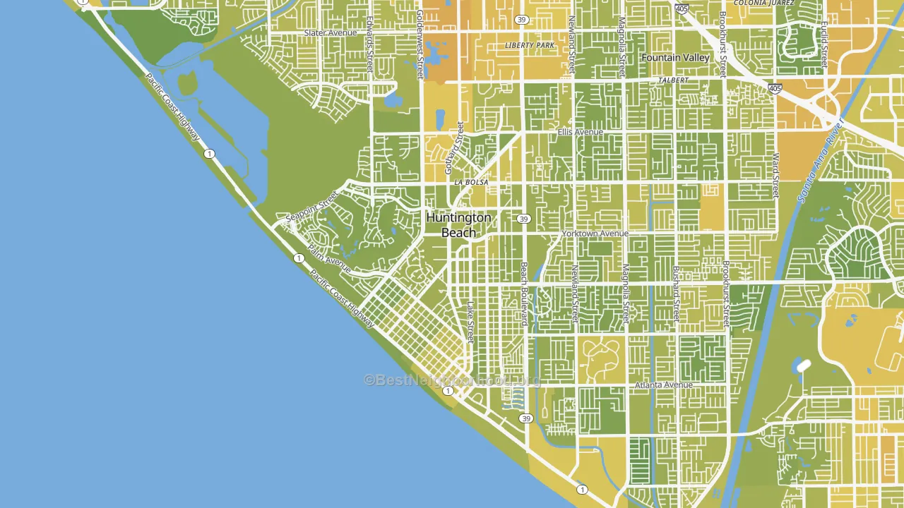 Map of the best neighborhoods in the 92648 area, with better matches in green and worse matches in red