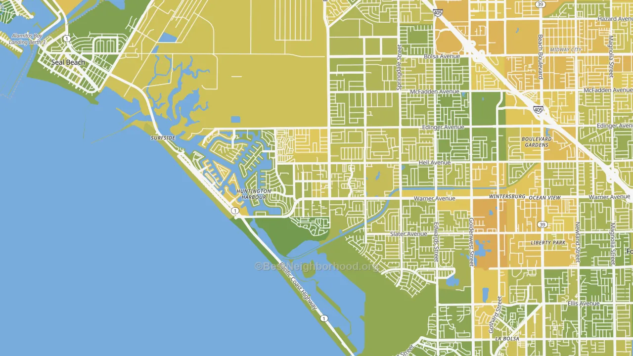 Map of the best neighborhoods in the 92649 area, with better matches in green and worse matches in red