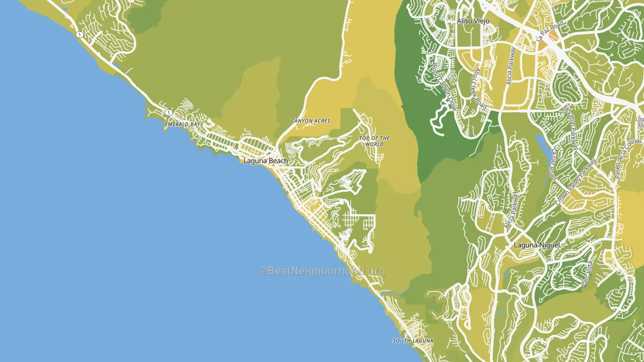 Map of the best neighborhoods in the 92651 area, with better matches in green and worse matches in red