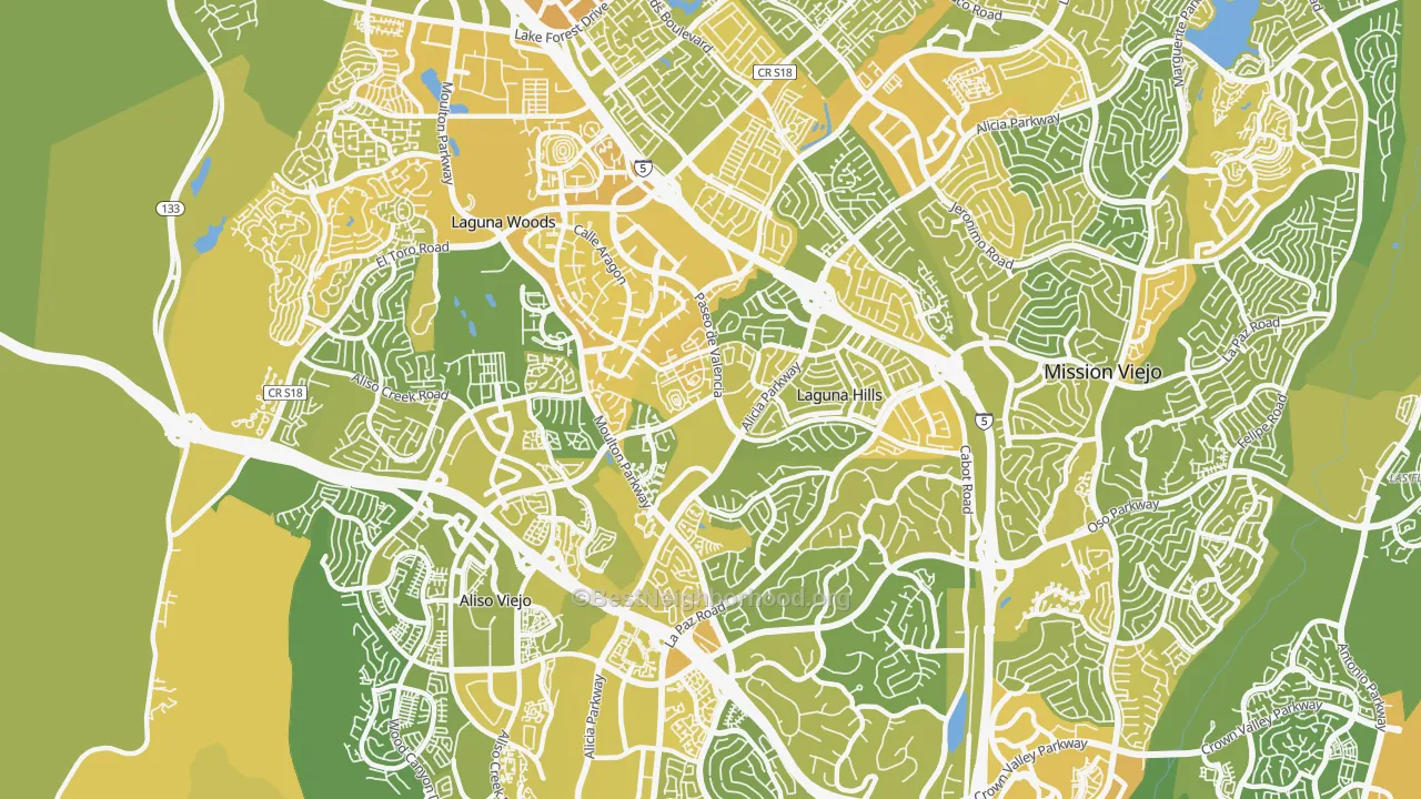 Map of the best neighborhoods in the 92653 area, with better matches in green and worse matches in red