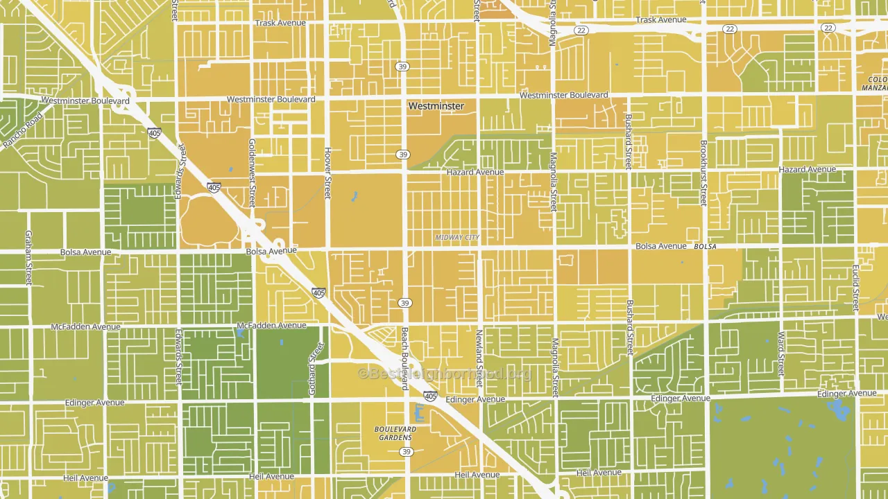 Map of the best neighborhoods in the 92655 area, with better matches in green and worse matches in red