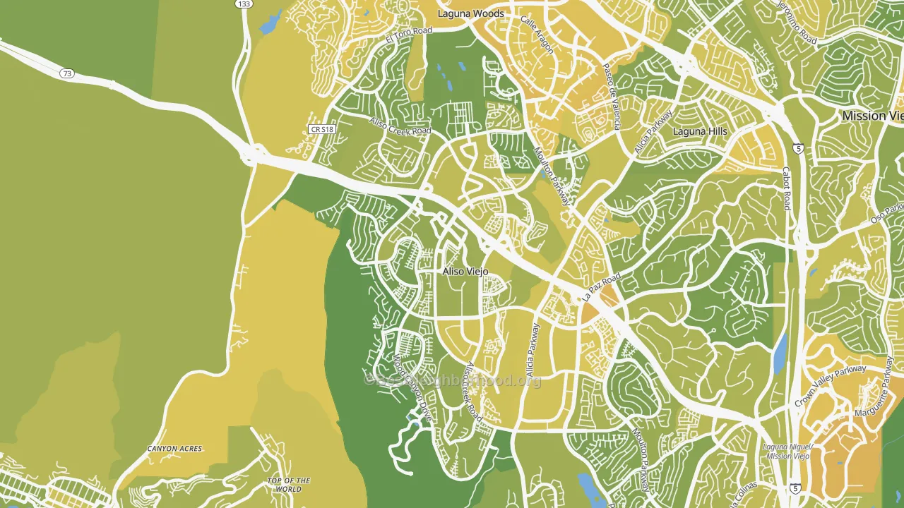 Map of the best neighborhoods in the 92656 area, with better matches in green and worse matches in red