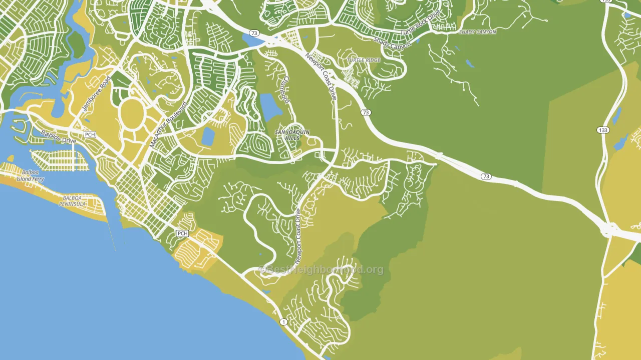 Map of the best neighborhoods in the 92657 area, with better matches in green and worse matches in red