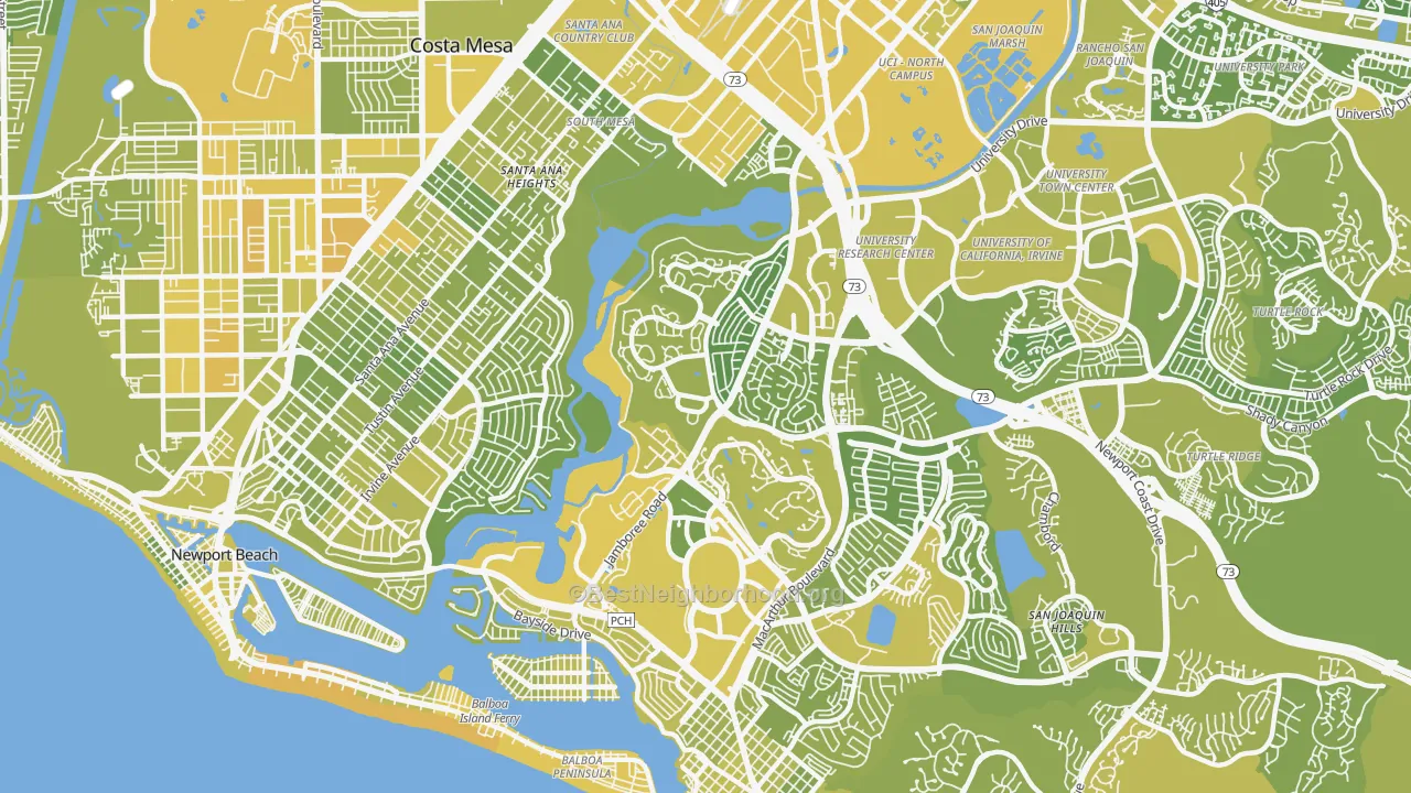 Map of the best neighborhoods in the 92660 area, with better matches in green and worse matches in red