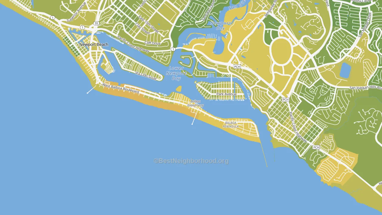 Map of the best neighborhoods in the 92661 area, with better matches in green and worse matches in red