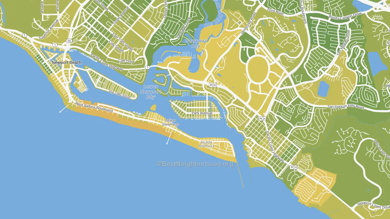 Map of the best neighborhoods in the 92662 area, with better matches in green and worse matches in red