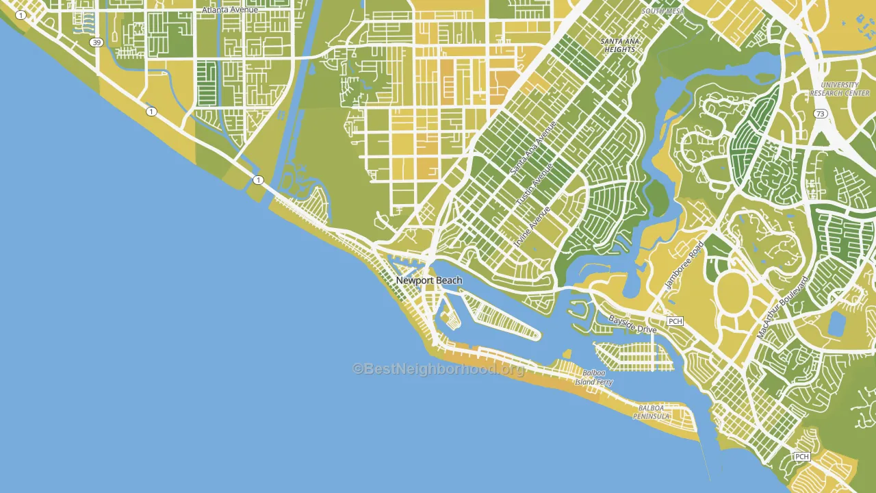 Map of the best neighborhoods in the 92663 area, with better matches in green and worse matches in red