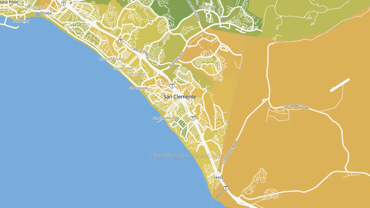 Map of the best neighborhoods in the 92672 area, with better matches in green and worse matches in red
