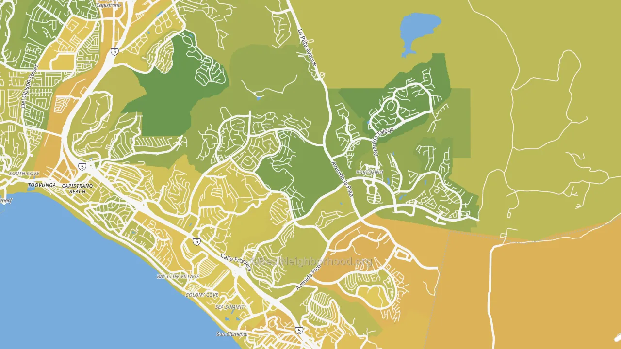 Map of the best neighborhoods in the 92673 area, with better matches in green and worse matches in red