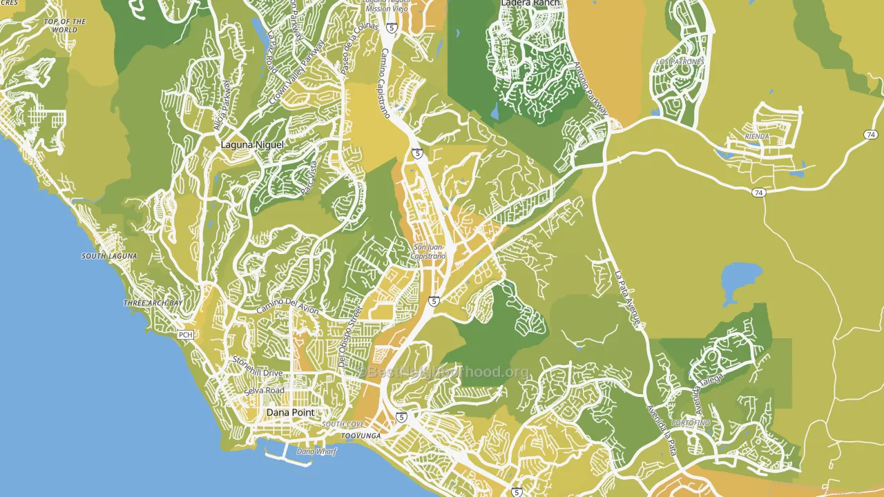 Map of the best neighborhoods in the 92675 area, with better matches in green and worse matches in red