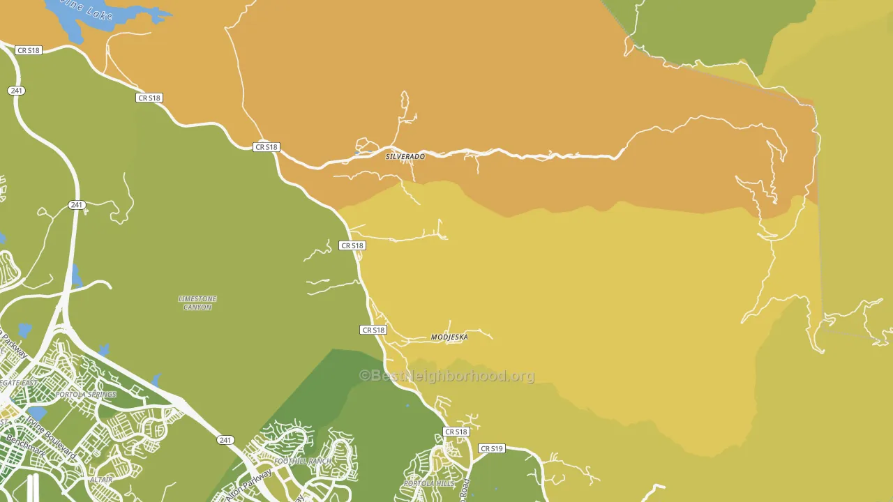 Map of the best neighborhoods in the 92676 area, with better matches in green and worse matches in red