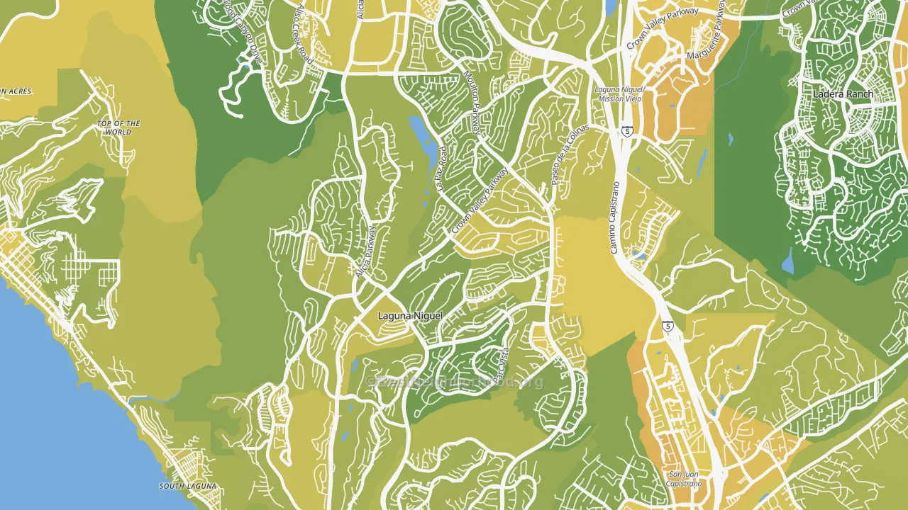 Map of the best neighborhoods in the 92677 area, with better matches in green and worse matches in red