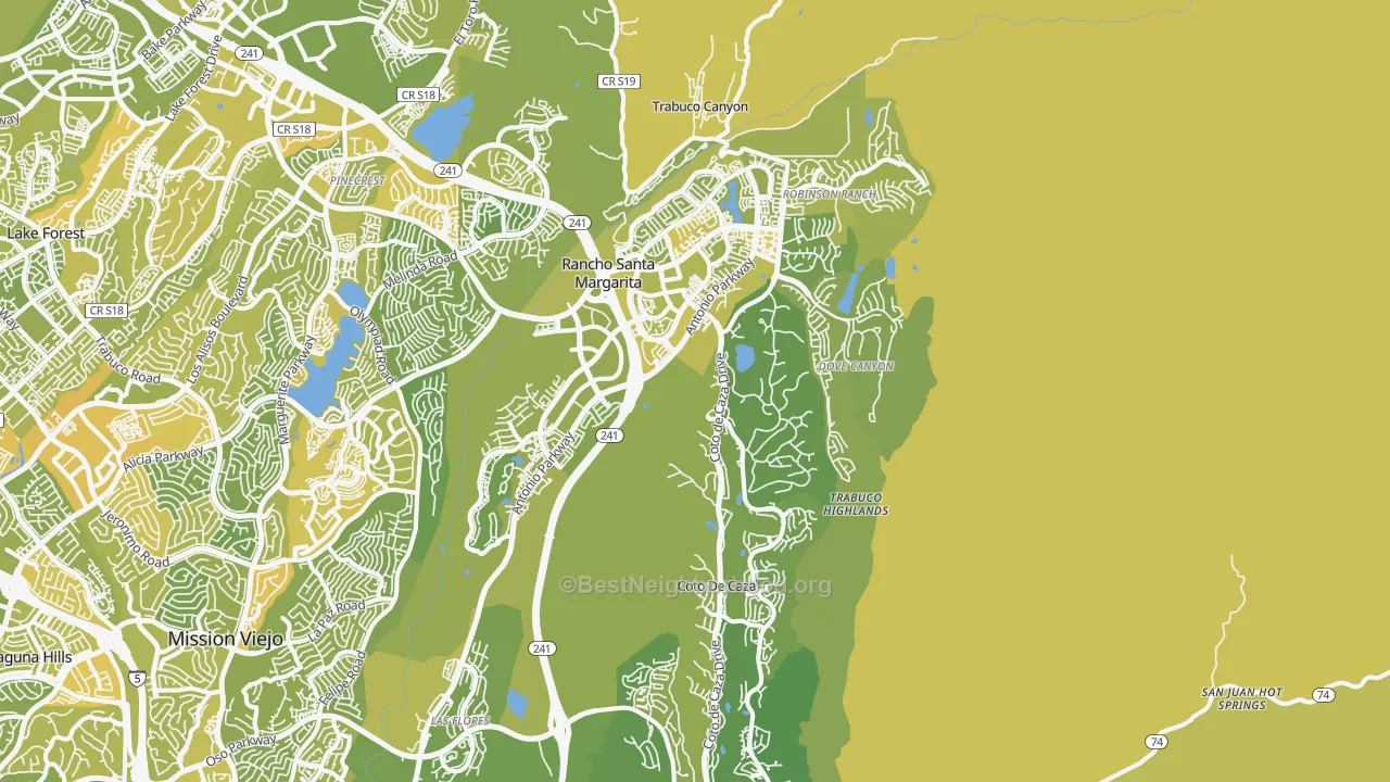 Map of the best neighborhoods in the 92679 area, with better matches in green and worse matches in red